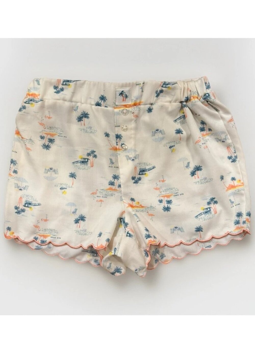 Rae Dunn Lounge Shorts Palm Tree Flamingo Scalloped Trim Womens Small PJ Pajama